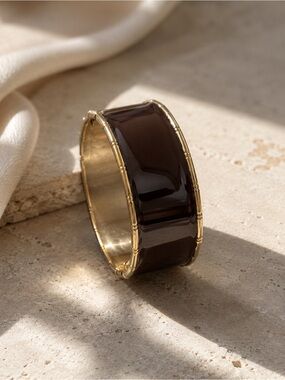 Wide Dark Brown Enamel Bangle with Gold Trim - Women Jewelry Bracelet
